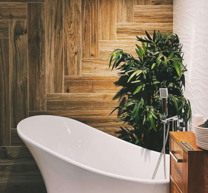 Modern bathroom interior, eco-friendly furniture decor made of o Modern bathroom interior, eco-friendly furniture decor made of organic and sustainable materials, home decor and luxury design concept